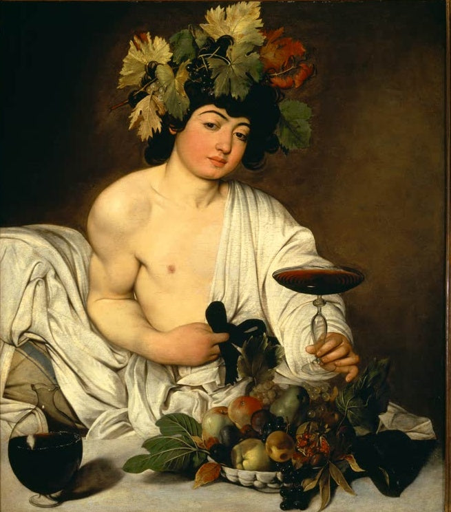 Caravaggio Bacchus Kunstkopie, junger Weingott mit Weinlaubkranz und weißem Tuch hält ein Glas Rotwein über einer Obstschale
