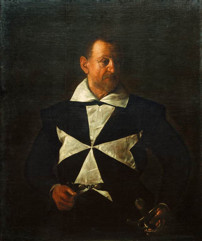 Caravaggio Bildnis des Fra Antonio Martelli Kunstkopie, älterer Ritter mit weißem Malteserkreuz auf schwarzem Gewand