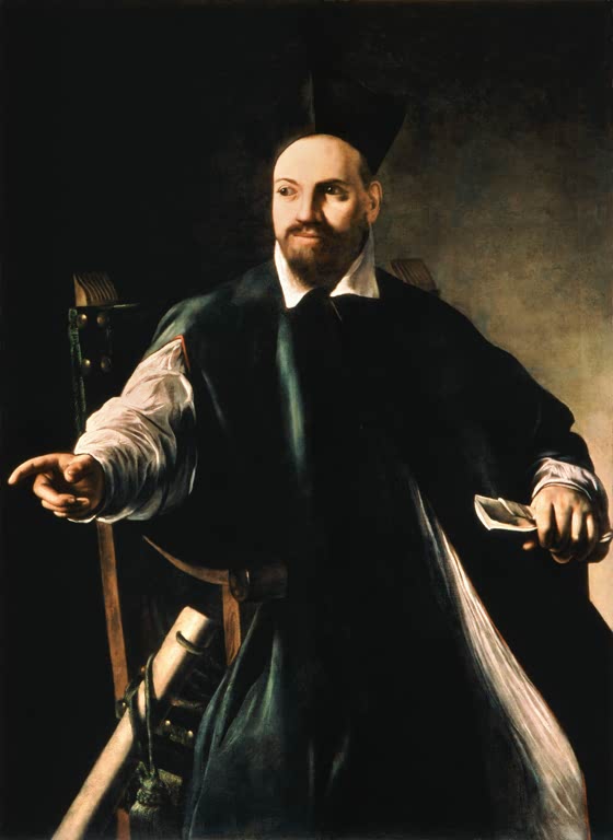 Caravaggio Bildnis des Maffeo Barberini Kunstkopie, sitzender Prälat in dunklem Gewand zeigt mit der Hand zur Seite