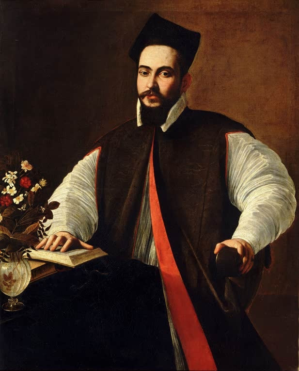 Caravaggio Bildnis des Maffeo Barberini Kunstkopie, junger Prälat mit Birett, Hand auf offenem Buch neben einer Blumenvase