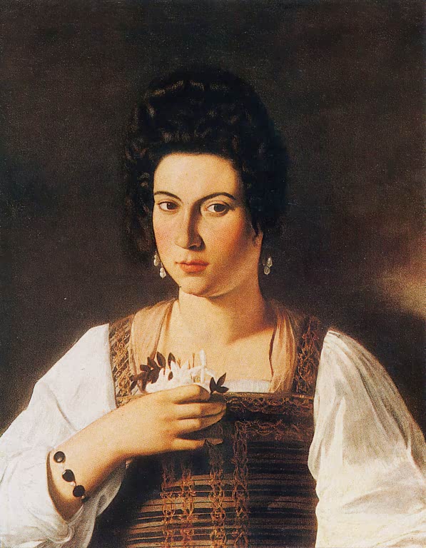 Caravaggio Bildnis einer Kurtisane Kunstkopie, junge Frau mit dunklem Haar und weißen Blüten vor der Brust