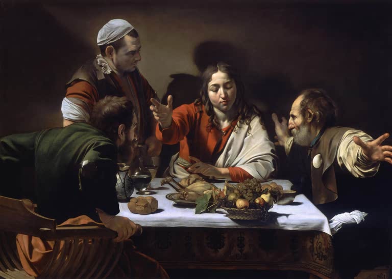Caravaggio Das Emmausmahl, London Kunstkopie, junger Christus in Rot segnet das Mahl, Jünger breiten die Arme aus