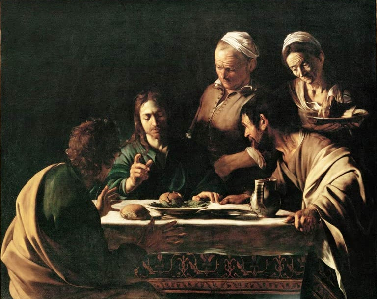 Caravaggio Das Emmausmahl, Mailand Kunstkopie, Christus segnet am Tisch, zwei Jünger, Wirt und alte Magd im Dunkel