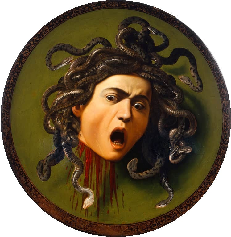 Caravaggio Das Haupt der Medusa Kunstkopie, schreiender Kopf mit Schlangenhaar auf grünem Rundschild mit dunklem Rand