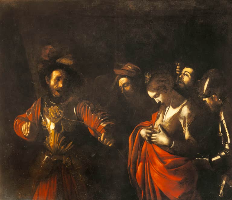 Caravaggio Das Martyrium der heiligen Ursula Kunstkopie, Heilige im roten Mantel blickt auf die Wunde in ihrer Brust