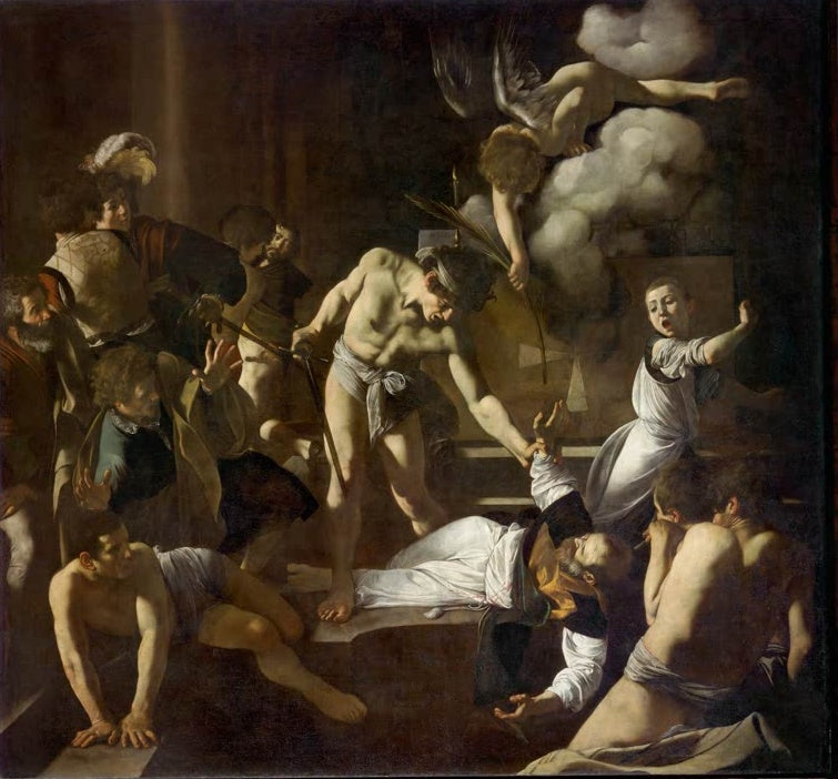 Caravaggio Das Martyrium des heiligen Matthäus Kunstkopie, Scherge über dem am Boden liegenden Heiligen, Engel mit Palmzweig