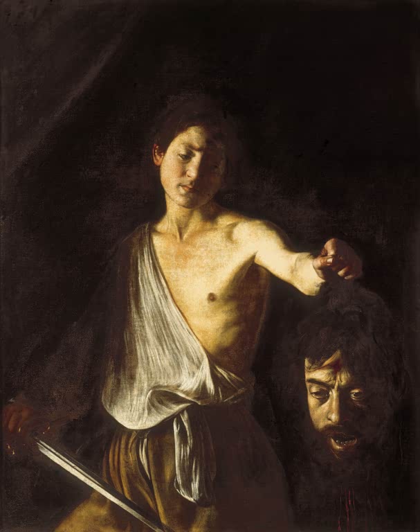 Caravaggio David mit dem Haupt des Goliath Kunstkopie, junger David hält das abgeschlagene Haupt des Riesen und ein Schwert