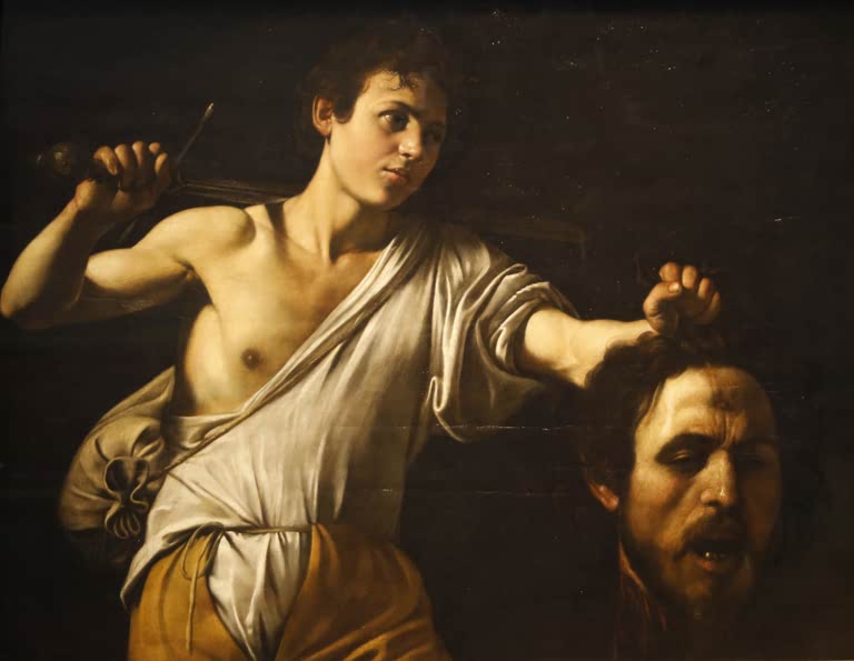 Caravaggio David mit dem Haupt des Goliath Kunstkopie, junger David mit geschultertem Schwert hält das Haupt des Riesen