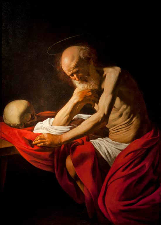 Caravaggio Der heilige Hieronymus in Meditation Kunstkopie, greiser Heiliger in rotem Tuch neben einem Totenschädel