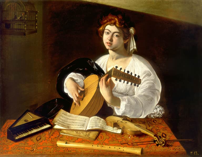 Caravaggio Der Lautenspieler Kunstkopie, junger Musiker in weißem Hemd mit Laute, Spinett, Geige und Blockflöte