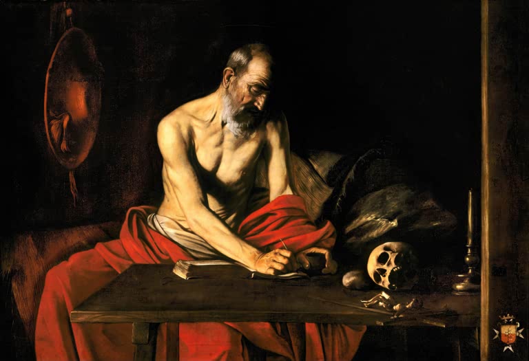 Caravaggio Der schreibende heilige Hieronymus Kunstkopie, greiser Heiliger im roten Tuch schreibt am Tisch neben Schädel