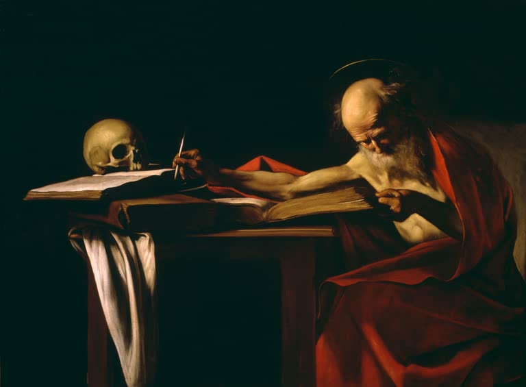 Caravaggio Der schreibende Hieronymus, Rom Kunstkopie, alter Mann im roten Mantel schreibt am Tisch neben einem Schädel