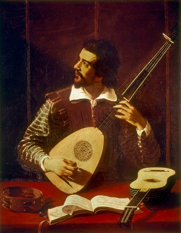 Caravaggio Der Theorbenspieler Kunstkopie, bärtiger Musiker mit Theorbe, Gitarre, Tamburin und Notenbuch auf rotem Tisch