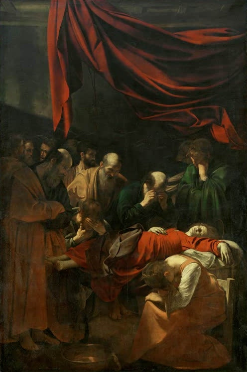 Caravaggio Der Tod Mariens Kunstkopie, trauernde Apostel um die liegende Maria im roten Kleid unter rotem Vorhang