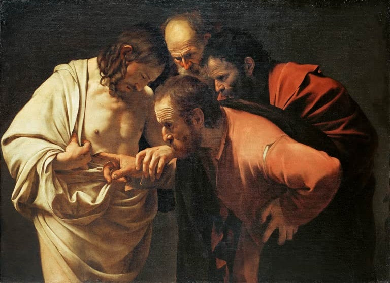 Caravaggio Der ungläubige Thomas Kunstkopie, Thomas legt den Finger in die Seitenwunde Christi, zwei Apostel schauen zu