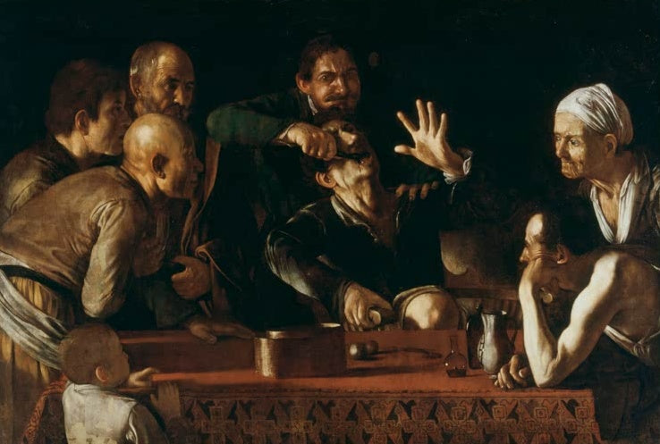 Caravaggio Der Zahnbrecher Kunstkopie, Quacksalber zieht einem Mann am Tisch einen Zahn, umringt von neugierigen Zuschauern
