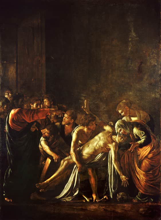 Caravaggio Die Auferweckung des Lazarus Kunstkopie, Christus zeigt auf den erstarrten Lazarus, den Männer und Frauen halten