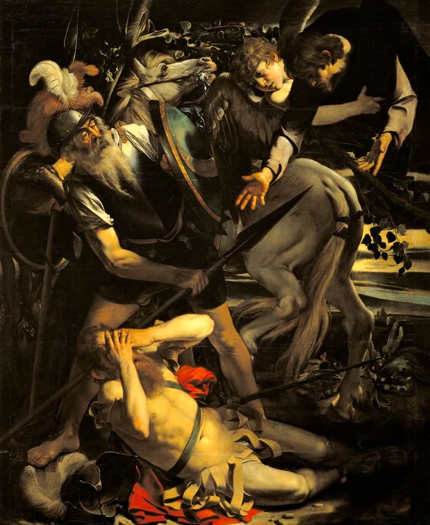 Caravaggio Die Bekehrung des Paulus Kunstkopie, geblendeter Saulus am Boden, darüber Soldat, Pferd, Engel und Christus
