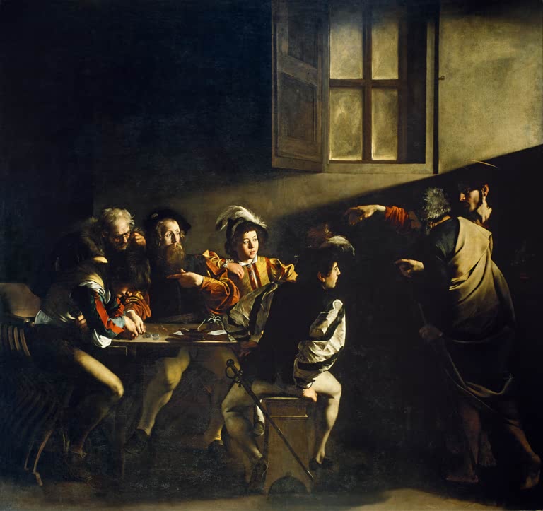 Caravaggio Die Berufung des heiligen Matthäus Kunstkopie, Christus zeigt auf Zöllner am Tisch, Lichtstrahl von rechts
