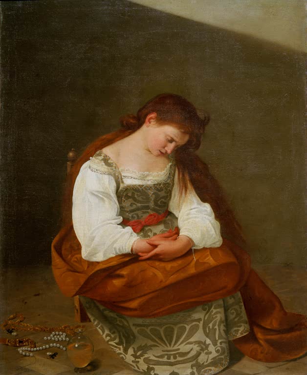 Caravaggio Die büßende Magdalena Kunstkopie, junge Frau mit rotem Haar sitzt gesenkten Kopfes, Perlen am Boden