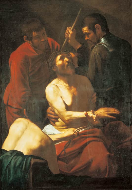 Caravaggio Die Dornenkrönung Christi Kunstkopie, Christus mit Dornenkrone und gefesselten Händen zwischen drei Peinigern