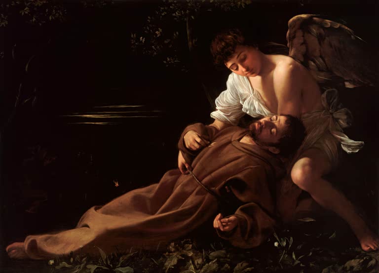 Caravaggio Die Ekstase des heiligen Franziskus Kunstkopie, Engel stützt den ohnmächtigen Heiligen in brauner Kutte bei Nacht