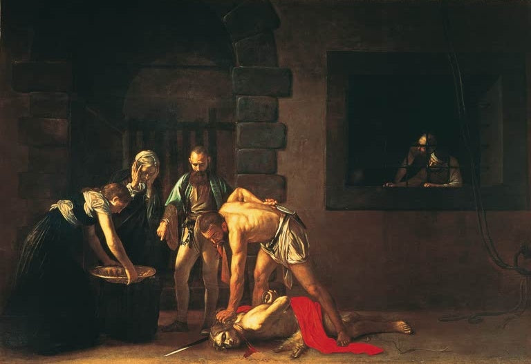 Caravaggio Die Enthauptung Johannes des Täufers Kunstkopie, Gefängnishof mit Henker, Frau mit Schale und Zuschauern