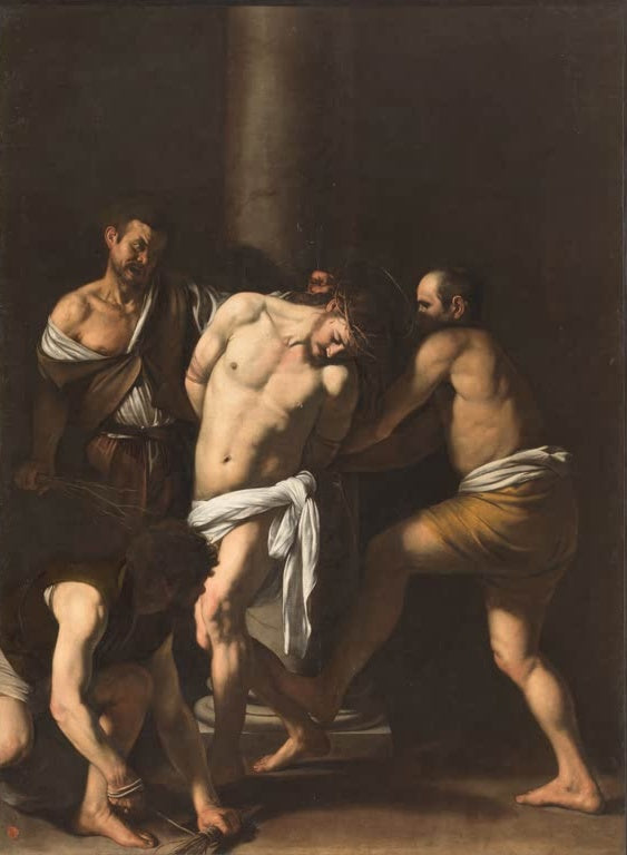 Caravaggio Die Geißelung Christi Kunstkopie, Christus mit Dornenkrone an der Säule, umgeben von drei Schergen im Dunkel