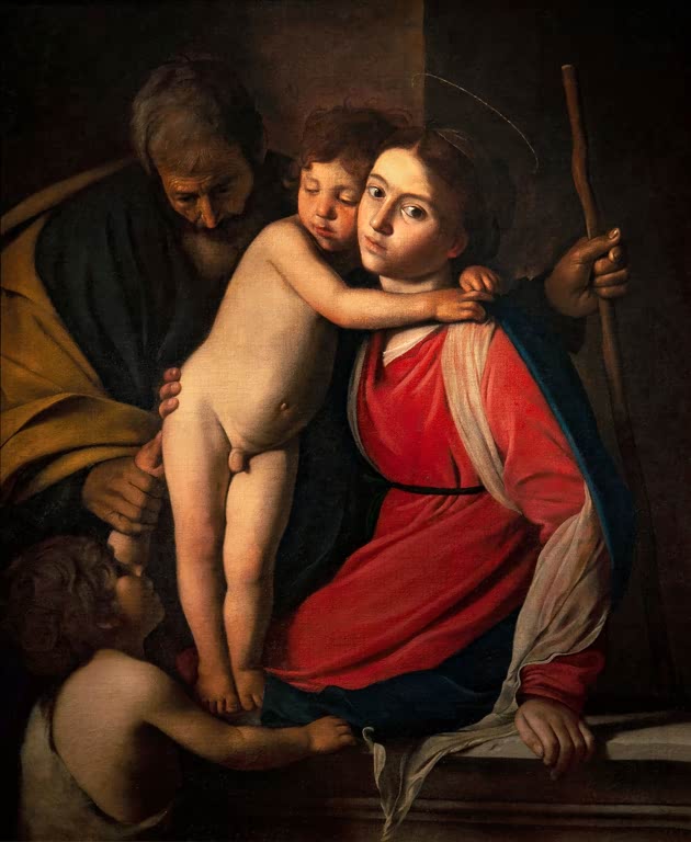 Caravaggio Die Heilige Familie mit dem Johannesknaben Kunstkopie, Maria in Rot mit Jesuskind, Josef und kleiner Johannes