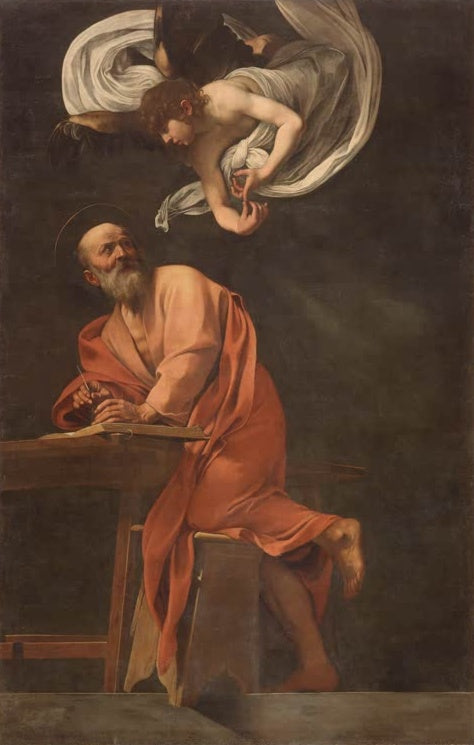 Caravaggio Die Inspiration des heiligen Matthäus Kunstkopie, Evangelist in orangem Gewand blickt zum Engel empor