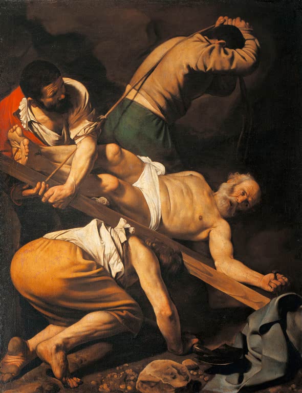 Caravaggio Die Kreuzigung Petri Kunstkopie, drei Männer richten das Kreuz mit dem kopfüber genagelten Apostel auf