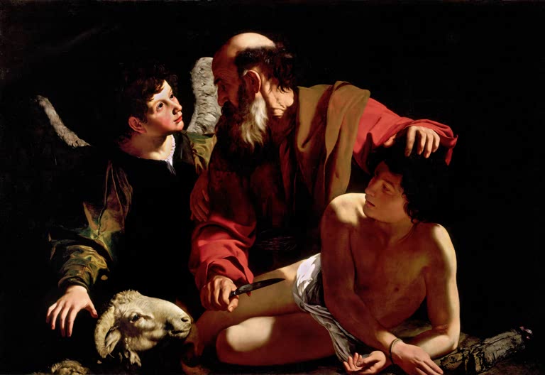 Caravaggio Die Opferung Isaaks Kunstkopie, Abraham im roten Mantel mit Messer, Engel, Isaak und Widder im Dunkel