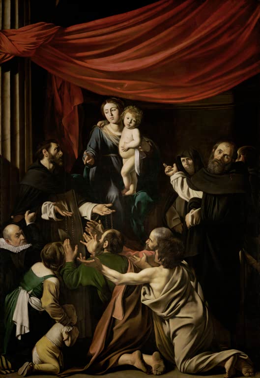 Caravaggio Die Rosenkranzmadonna Kunstkopie, Maria mit Kind unter rotem Vorhang, Dominikus und kniende Gläubige