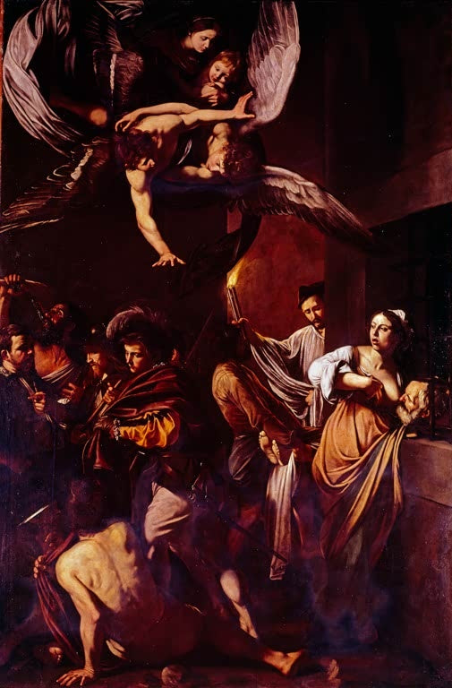 Caravaggio Die sieben Werke der Barmherzigkeit Kunstkopie, Madonna mit Kind und Engeln über einer nächtlichen Straßenszene