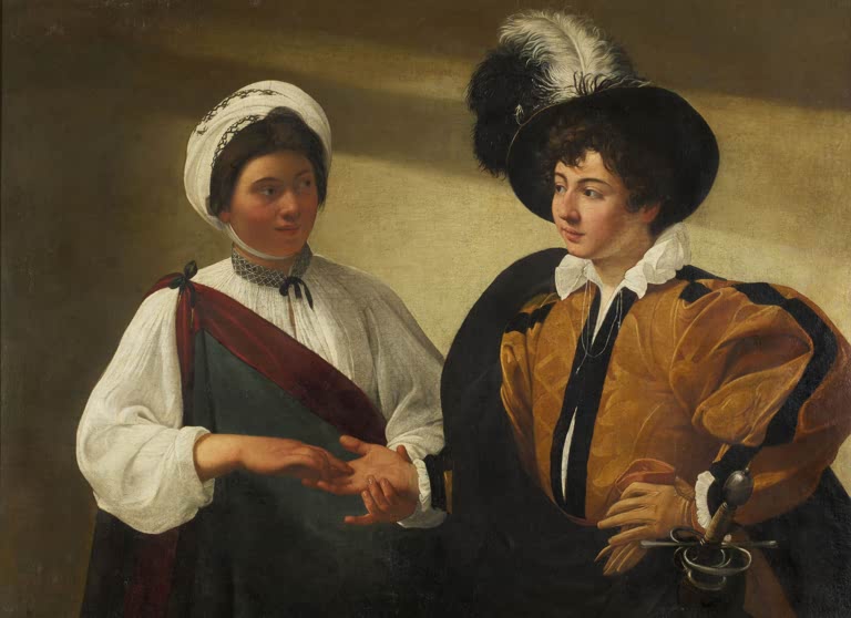 Caravaggio Die Wahrsagerin, Louvre Kunstkopie, junge Frau mit weißem Turban liest einem Kavalier mit Federhut aus der Hand