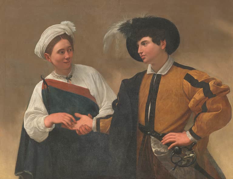Caravaggio Die Wahrsagerin Kunstkopie, junge Frau mit weißem Turban liest einem jungen Edelmann mit Federhut aus der Hand