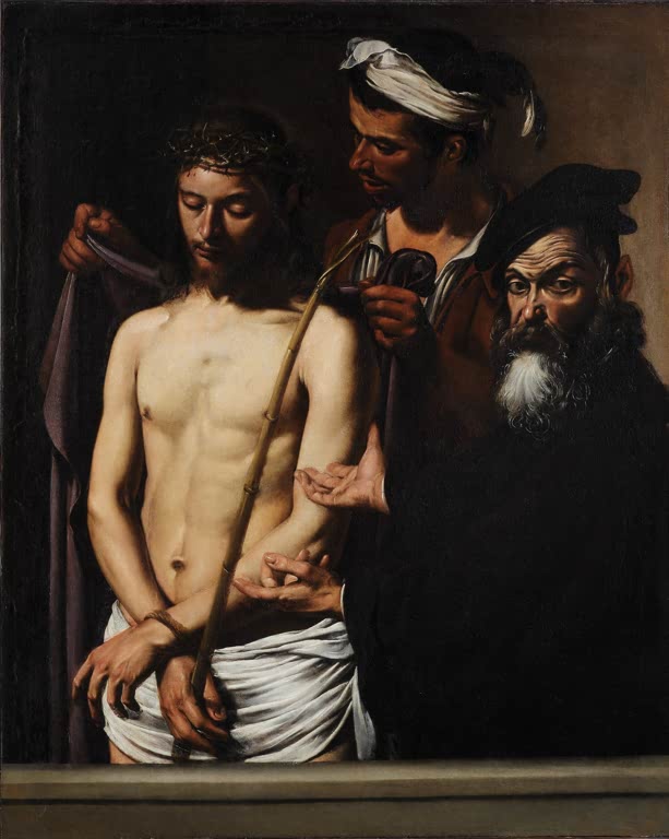 Caravaggio Ecce Homo Kunstkopie, Christus mit Dornenkrone und gebundenen Händen neben Pilatus und einem Schergen