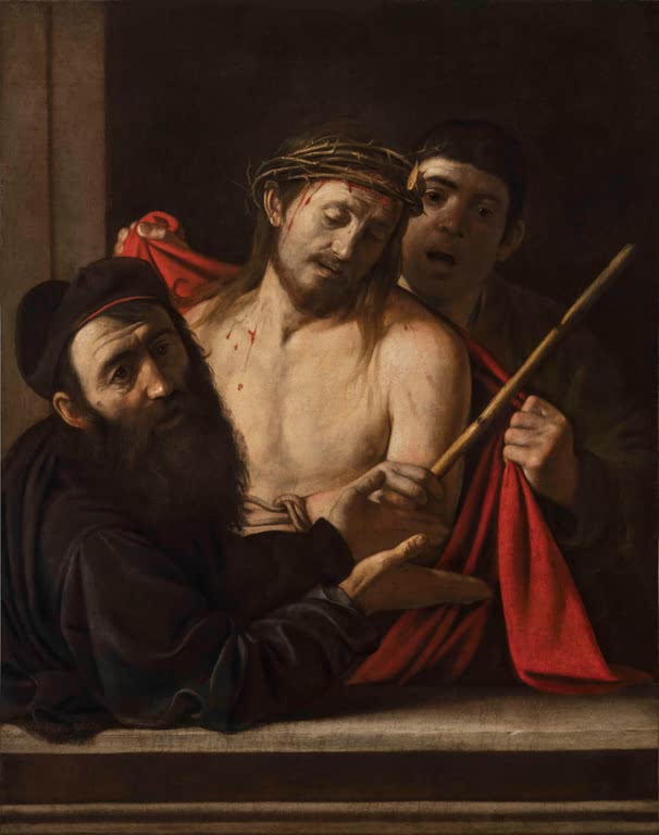 Caravaggio Ecce Homo Kunstkopie, Pilatus präsentiert den dornengekrönten Christus, ein Knecht legt ihm den roten Mantel um