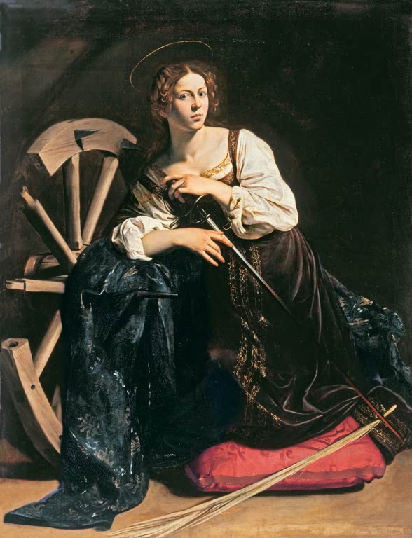 Caravaggio Heilige Katharina von Alexandrien Kunstkopie, Heilige mit Schwert vor zerbrochenem Rad auf rotem Kissen