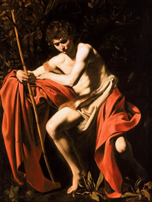 Caravaggio Johannes der Täufer in der Wildnis Kunstkopie, junger Täufer im roten Mantel mit Rohrstab vor dunklem Laub
