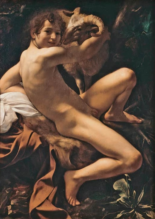 Caravaggio Johannes der Täufer mit dem Widder Kunstkopie, nackter lachender Jüngling umarmt einen Widder