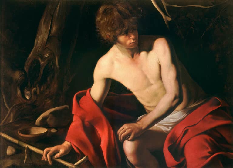 Caravaggio Johannes der Täufer Kunstkopie, sitzender Jüngling mit rotem Tuch vor einem Baumstumpf, Schale und Stab am Boden
