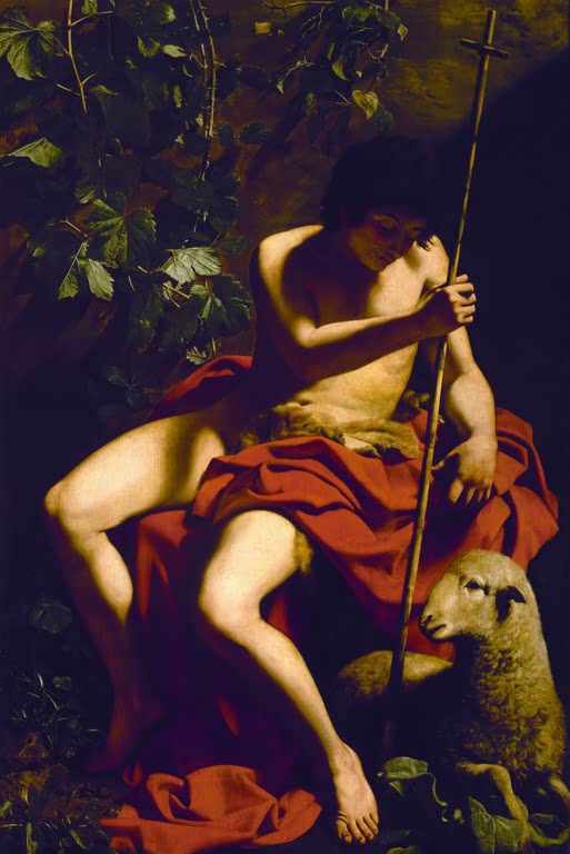 Caravaggio Johannes der Täufer, Toledo Kunstkopie, junger Täufer sitzt auf rotem Mantel mit Kreuzstab, Lamm und Weinlaub