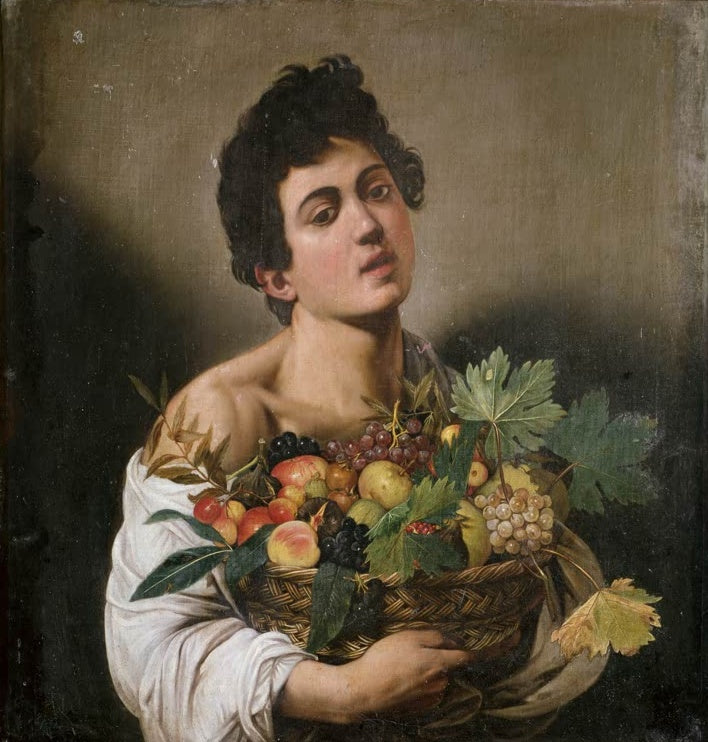 Caravaggio Knabe mit Früchtekorb Kunstkopie, Jüngling mit entblößter Schulter hält Korb mit Trauben, Äpfeln und Weinlaub