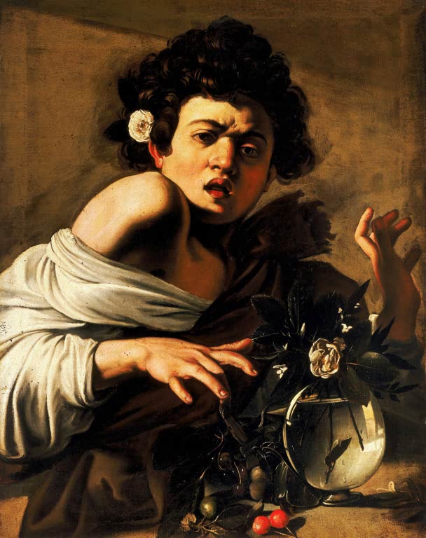 Caravaggio Knabe, von einer Eidechse gebissen Kunstkopie, erschrockener Junge mit Rose im Haar neben einer Glasvase