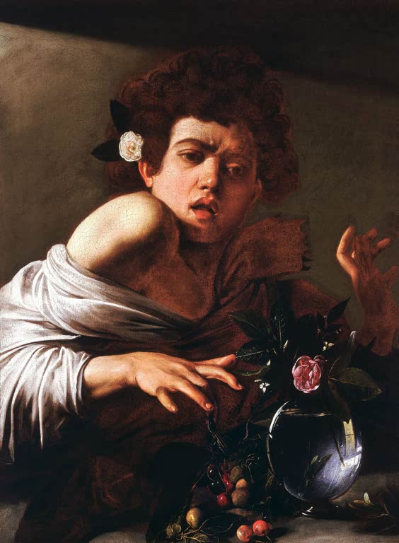 Caravaggio Knabe, von einer Eidechse gebissen Kunstkopie, erschrockener Junge mit Rose im Haar neben einer Glasvase