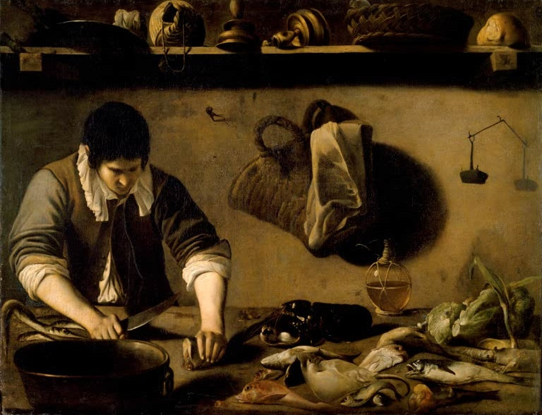 Caravaggio Koch beim Zerteilen der Fische Kunstkopie, junger Koch schneidet Fisch am Küchentisch mit Kupferkessel und Waage