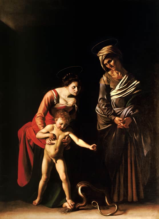 Caravaggio Madonna dei Palafrenieri Kunstkopie, Maria und Jesuskind treten auf eine Schlange, rechts die heilige Anna