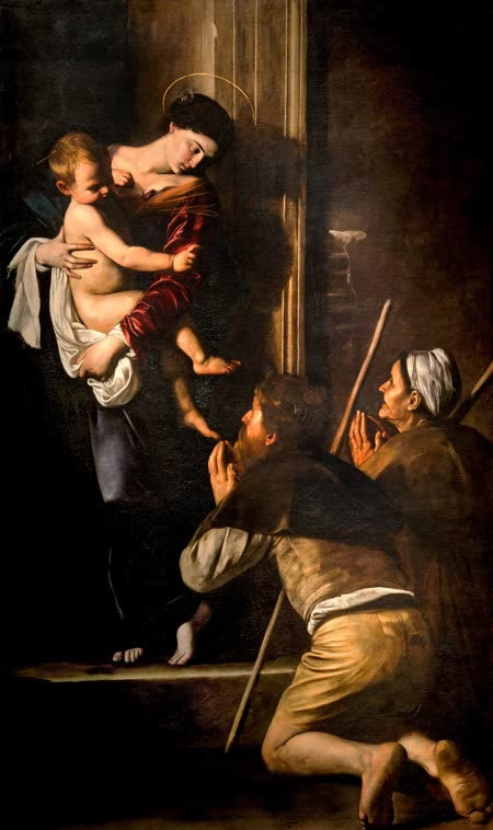 Caravaggio Madonna der Pilger Kunstkopie, Maria mit Kind im Türrahmen und zwei kniende Pilger mit Wanderstäben