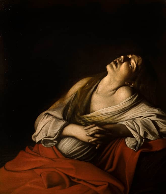 Caravaggio Maria Magdalena in Ekstase Kunstkopie, Frau mit zurückgelehntem Kopf und gefalteten Händen im roten Mantel
